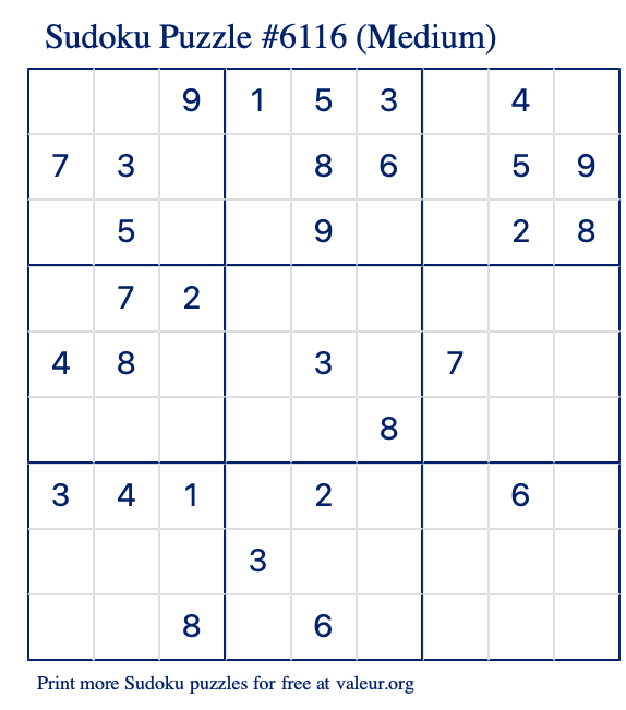 Free Printable Medium Sudoku Puzzle number 6116
