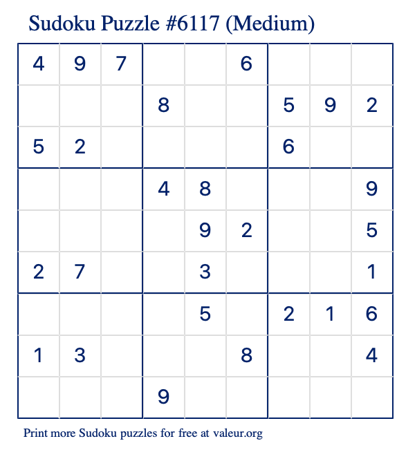 Free Printable Medium Sudoku Puzzle number 6117
