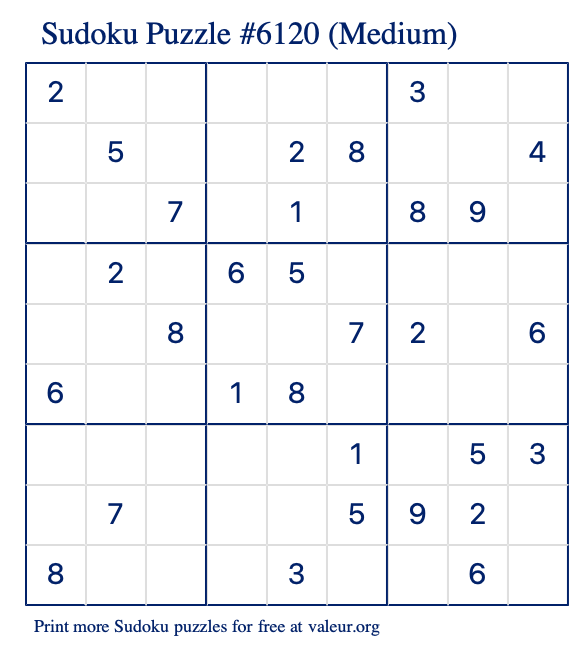 Free Printable Medium Sudoku Puzzle number 6120