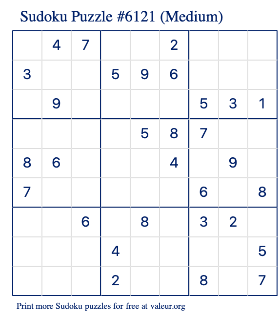 Free Printable Medium Sudoku Puzzle number 6121