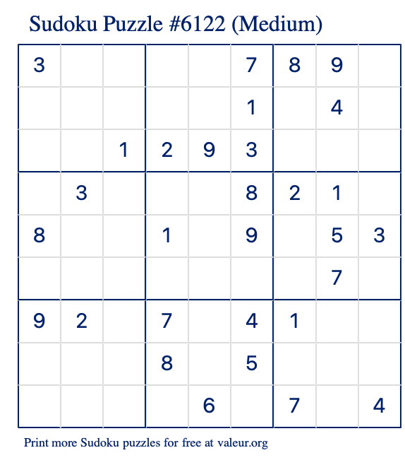 Free Printable Medium Sudoku Puzzle number 6122