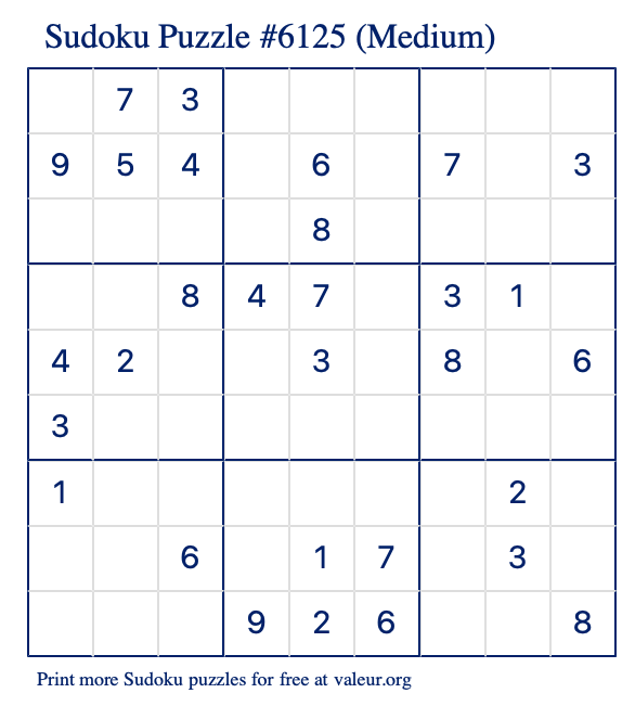 Free Printable Medium Sudoku Puzzle number 6125
