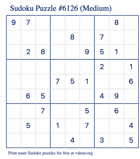 Free Printable Medium Sudoku Puzzle number 6126
