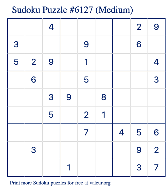 Free Printable Medium Sudoku Puzzle number 6127