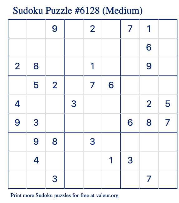 Free Printable Medium Sudoku Puzzle number 6128