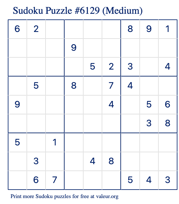 Free Printable Medium Sudoku Puzzle number 6129