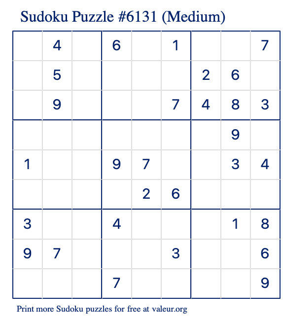 Free Printable Medium Sudoku Puzzle number 6131