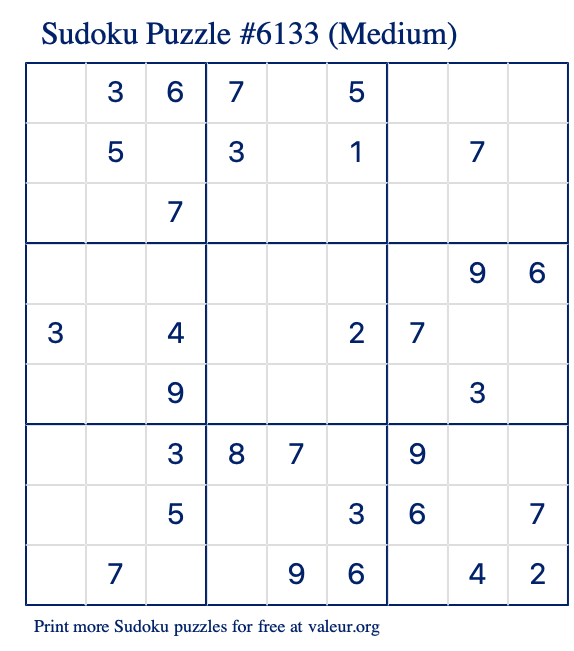 Free Printable Medium Sudoku Puzzle number 6133