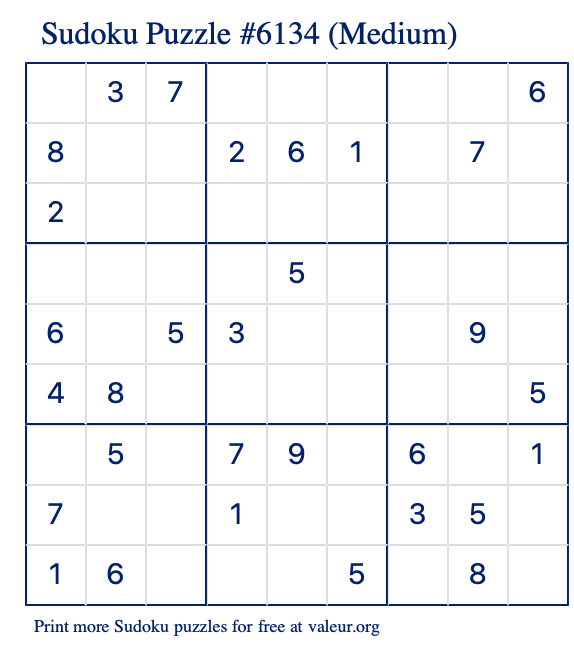 Free Printable Medium Sudoku Puzzle number 6134