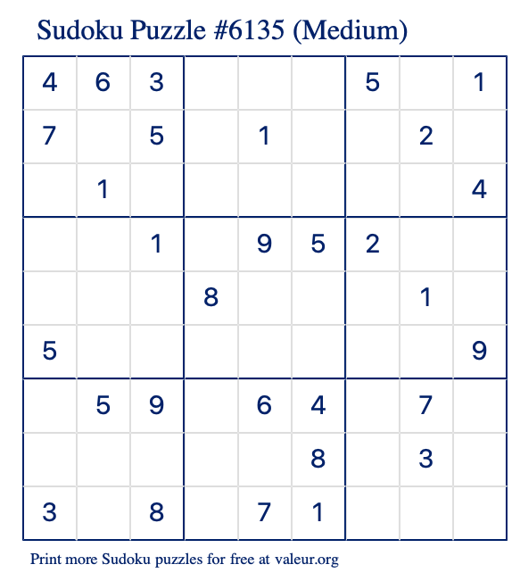 Free Printable Medium Sudoku Puzzle number 6135