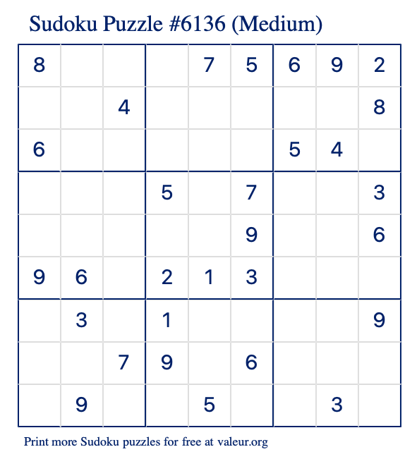 Free Printable Medium Sudoku Puzzle number 6136