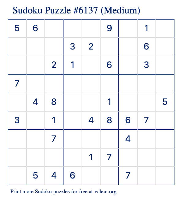 Free Printable Medium Sudoku Puzzle number 6137