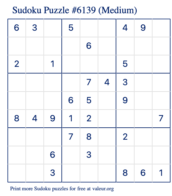 Free Printable Medium Sudoku Puzzle number 6139