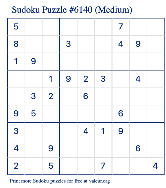 Free Printable Medium Sudoku Puzzle number 6140