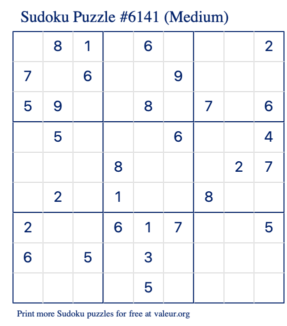 Free Printable Medium Sudoku Puzzle number 6141