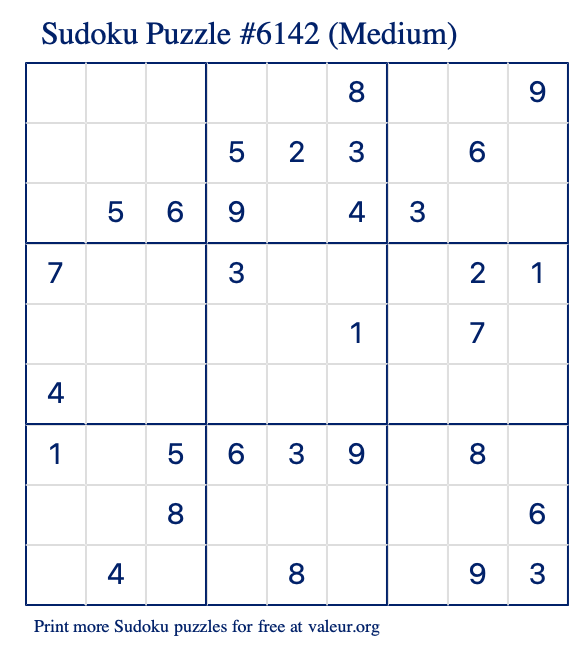 Free Printable Medium Sudoku Puzzle number 6142