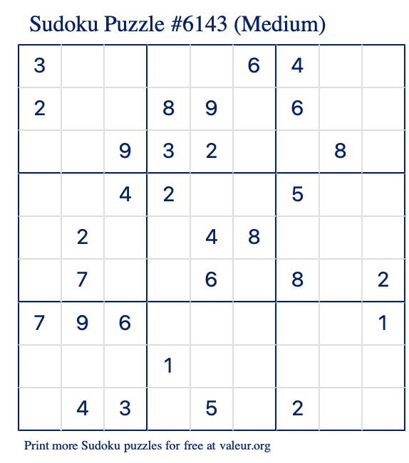 Free Printable Medium Sudoku Puzzle number 6143