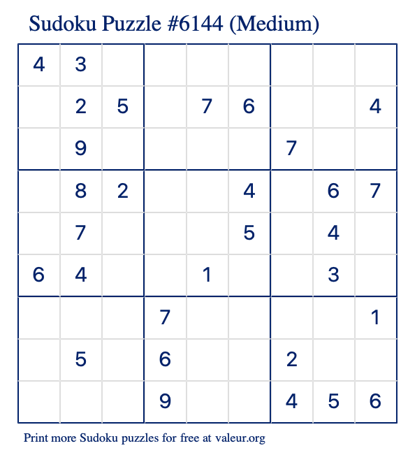 Free Printable Medium Sudoku Puzzle number 6144