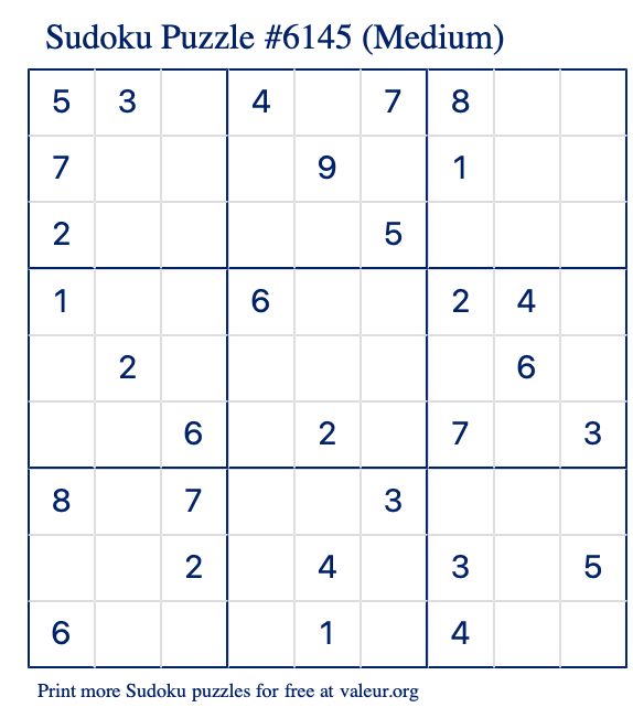 Free Printable Medium Sudoku Puzzle number 6145