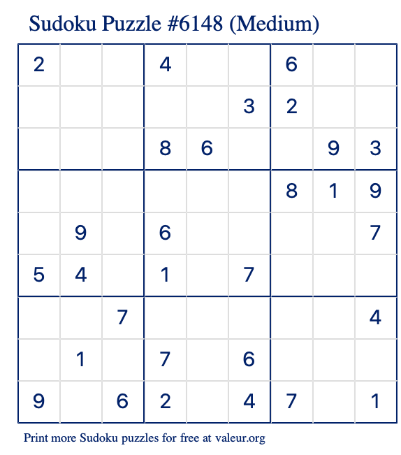 Free Printable Medium Sudoku Puzzle number 6148