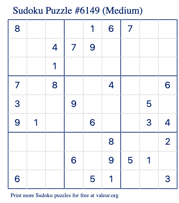 Free Printable Medium Sudoku Puzzle number 6149