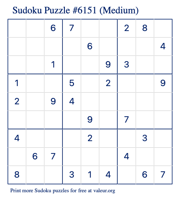 Free Printable Medium Sudoku Puzzle number 6151