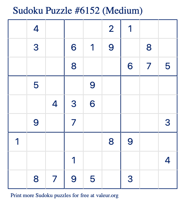 Free Printable Medium Sudoku Puzzle number 6152