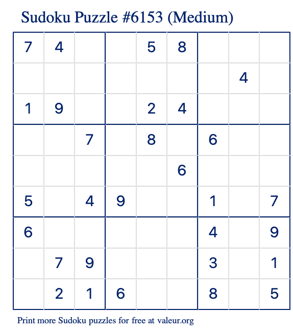 Free Printable Medium Sudoku Puzzle number 6153