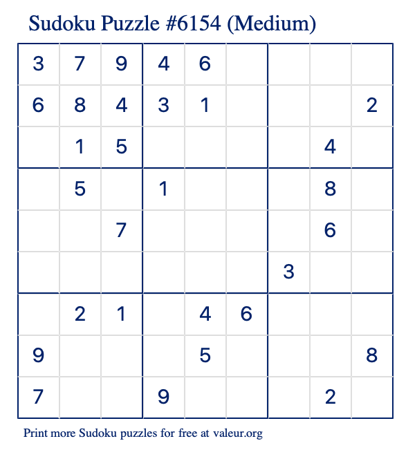 Free Printable Medium Sudoku Puzzle number 6154