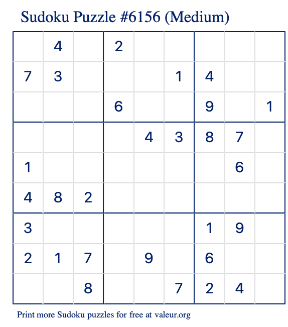 Free Printable Medium Sudoku Puzzle number 6156