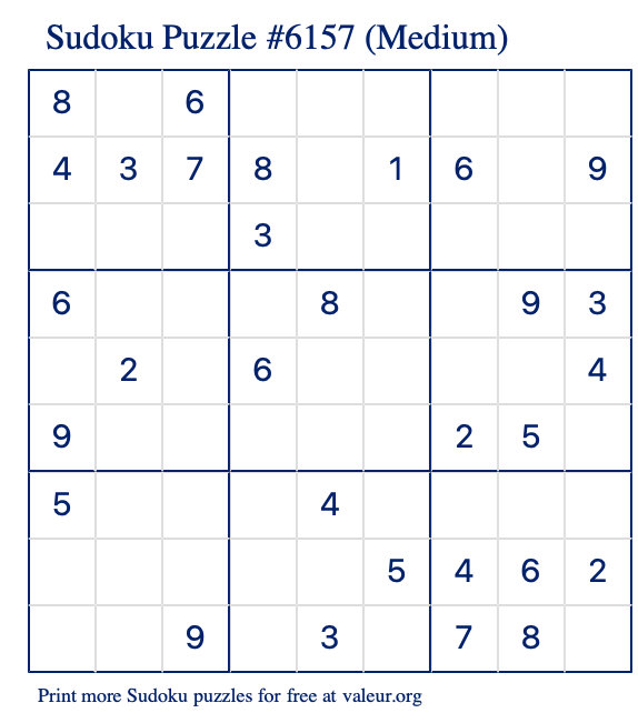 Free Printable Medium Sudoku Puzzle number 6157