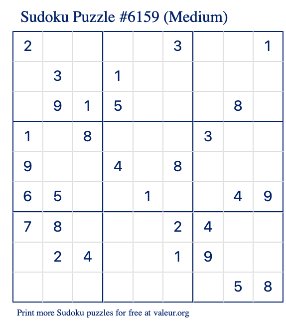 Free Printable Medium Sudoku Puzzle number 6159