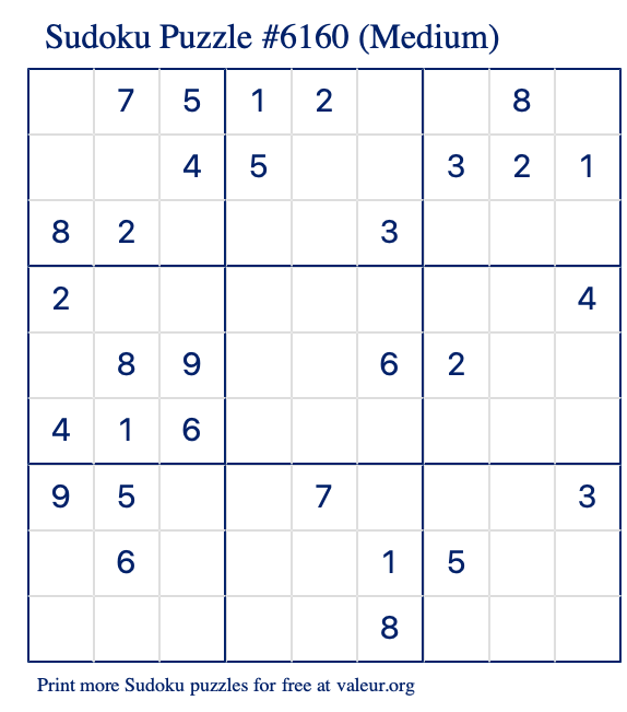 Free Printable Medium Sudoku Puzzle number 6160