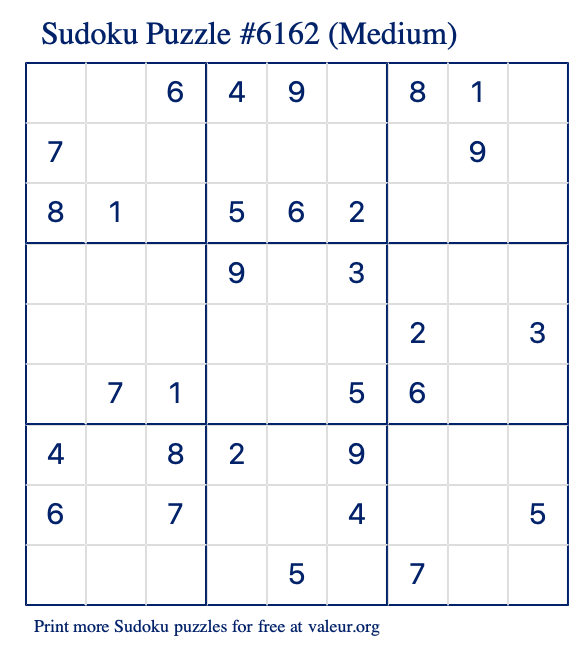 Free Printable Medium Sudoku Puzzle number 6162