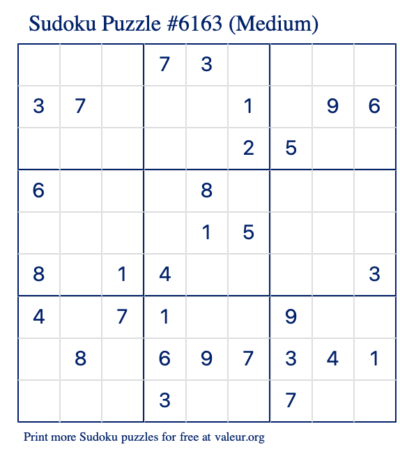 Free Printable Medium Sudoku Puzzle number 6163