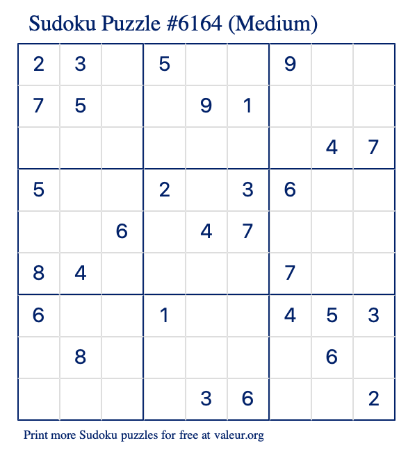 Free Printable Medium Sudoku Puzzle number 6164