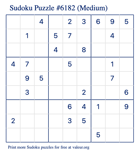 Free Printable Medium Sudoku Puzzle number 6182