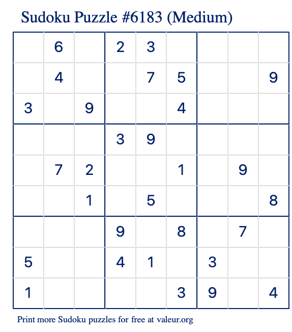 Free Printable Medium Sudoku Puzzle number 6183