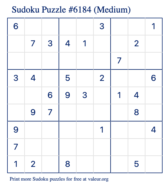 Free Printable Medium Sudoku Puzzle number 6184