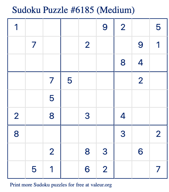 Free Printable Medium Sudoku Puzzle number 6185
