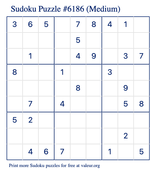Free Printable Medium Sudoku Puzzle number 6186