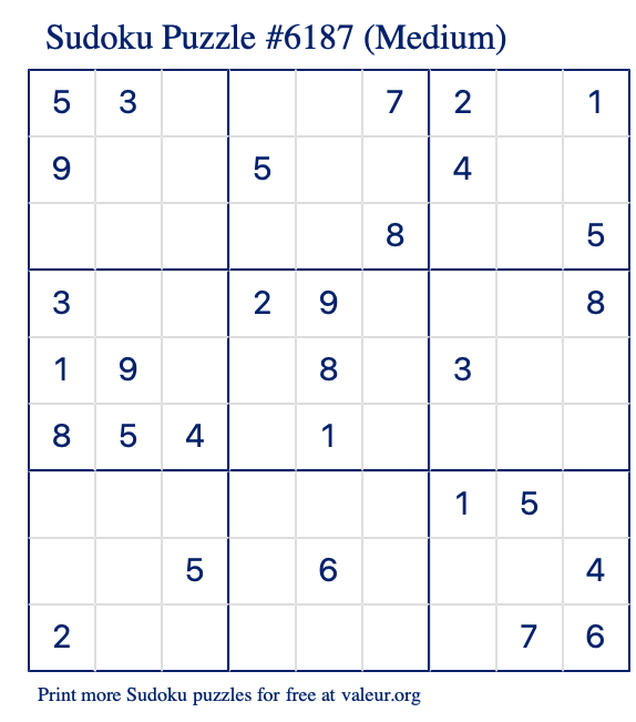 Free Printable Medium Sudoku Puzzle number 6187