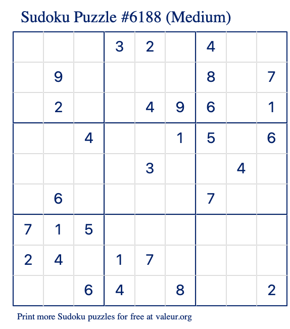 Free Printable Medium Sudoku Puzzle number 6188