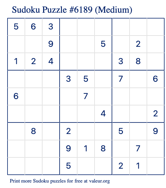 Free Printable Medium Sudoku Puzzle number 6189