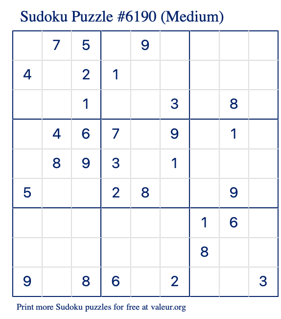 Free Printable Medium Sudoku Puzzle number 6190