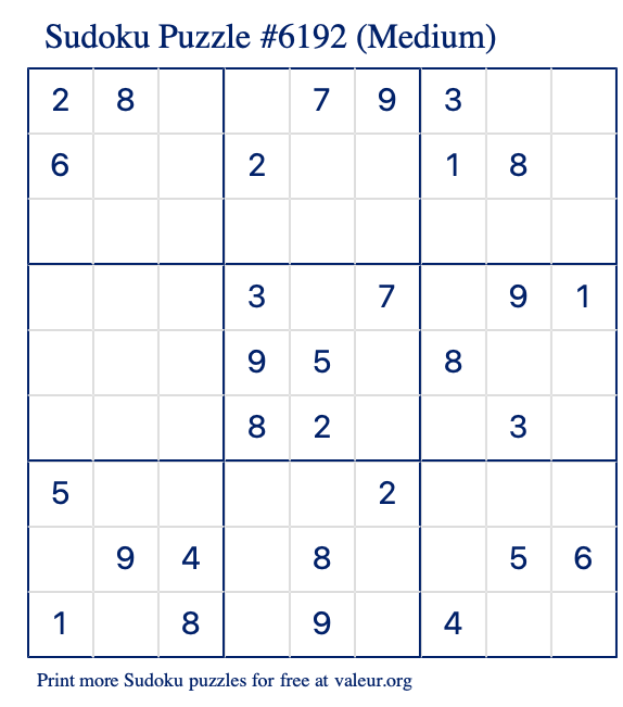 Free Printable Medium Sudoku Puzzle number 6192