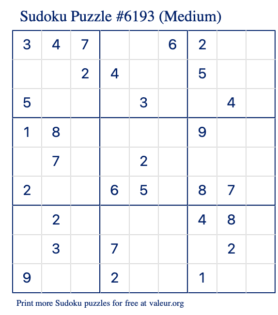 Free Printable Medium Sudoku Puzzle number 6193