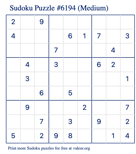 Free Printable Medium Sudoku Puzzle number 6194