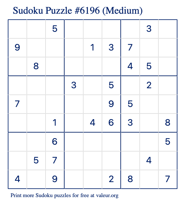 Free Printable Medium Sudoku Puzzle number 6196