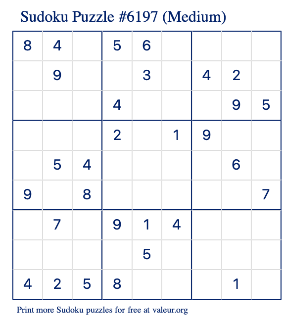 Free Printable Medium Sudoku Puzzle number 6197